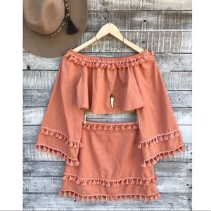 Boutique Orange Off Shoulder Tassel Two Piece Set